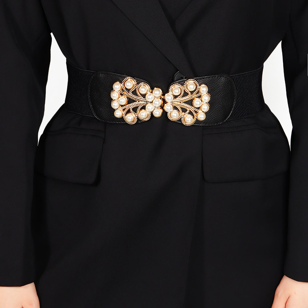 Elegant Ladies Elastic Wide Belt Pearl Metal Buckle Elastic Belt Suit Jacket Dress Multi-colored Belt