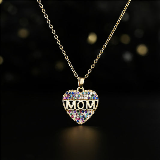 Mothers Day Gift Peach Heart MOM Pendant Necklace Copper
