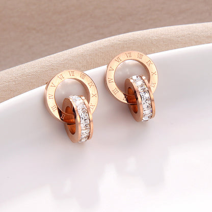 Titanium Steel No Fading Double Ring Diamonds With Roman Numbers Stud Earrings