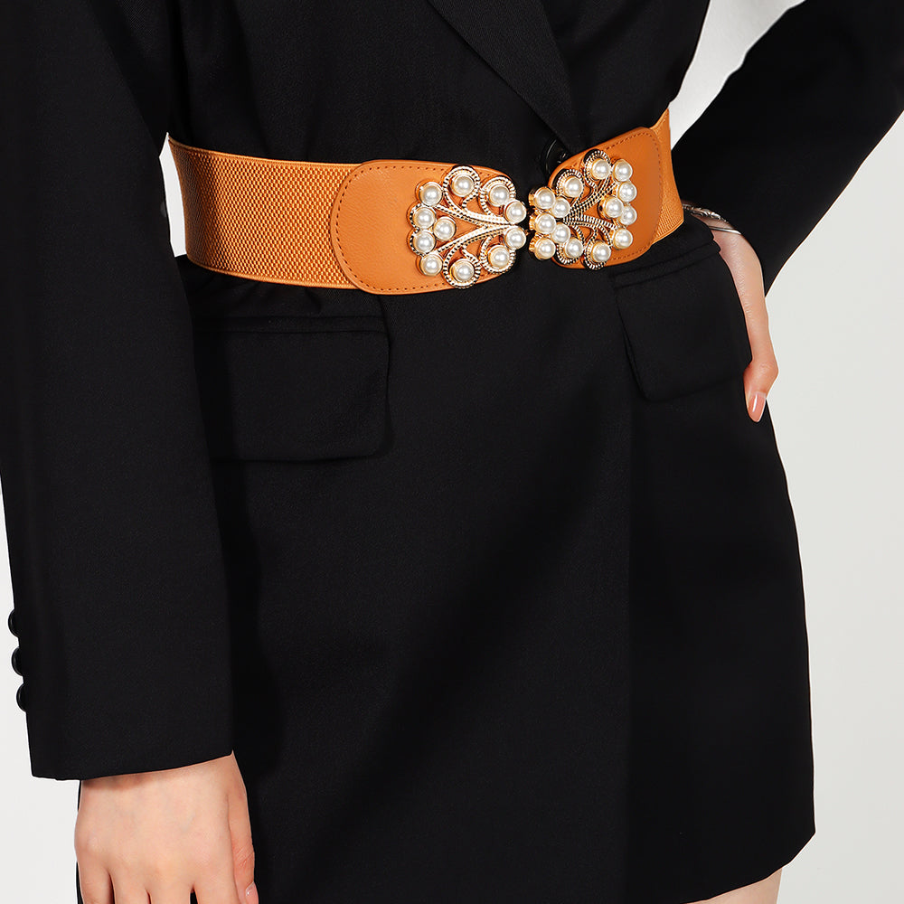 Elegant Ladies Elastic Wide Belt Pearl Metal Buckle Elastic Belt Suit Jacket Dress Multi-colored Belt