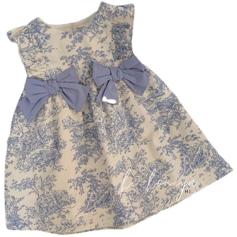 Girls French Style Bow Flounced Sleeve Dress