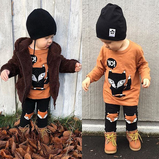 Small and Medium-sized Children's Fox Print Long-sleeved Trouser Suit