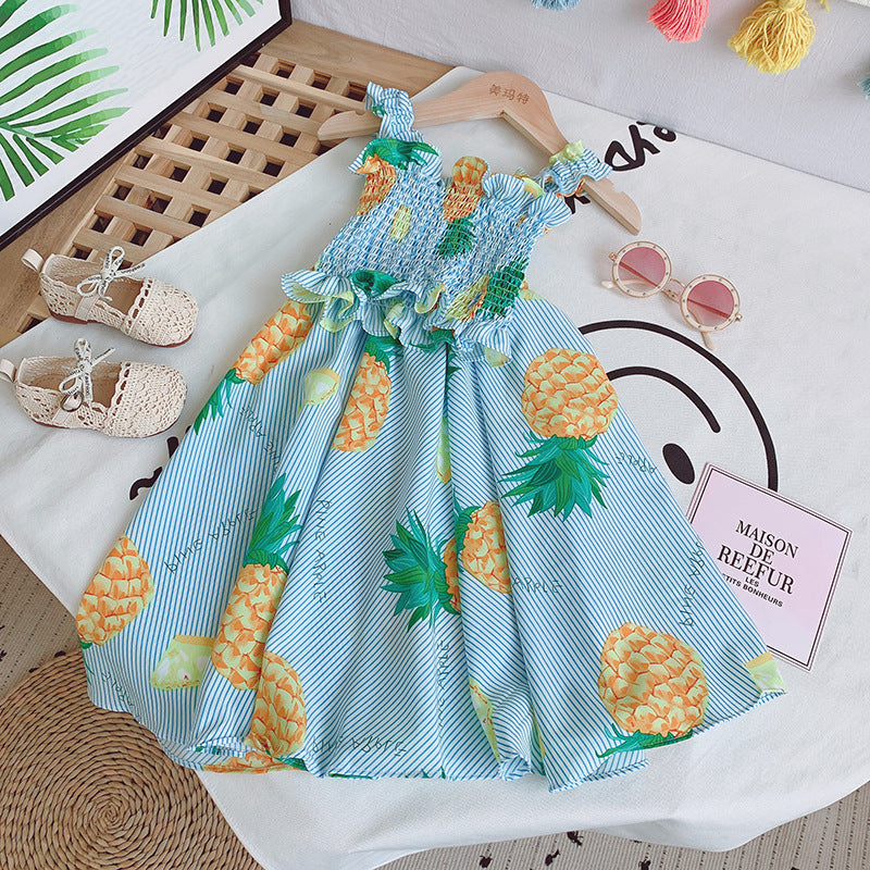 Girls' Fruit Print Elastic Sling Top And High Waist Long Skirt Two Piece Suit