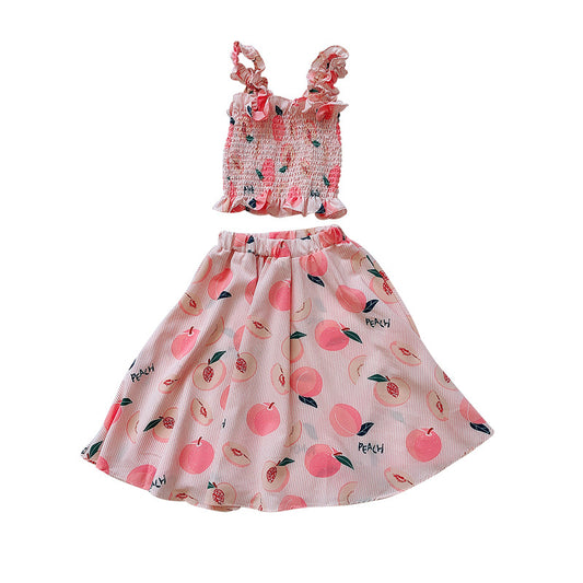 Girls' Fruit Print Elastic Sling Top And High Waist Long Skirt Two Piece Suit