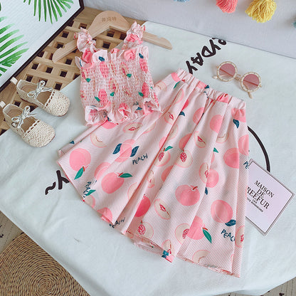Girls' Fruit Print Elastic Sling Top And High Waist Long Skirt Two Piece Suit