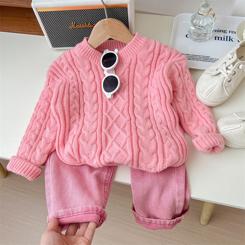 Girls' Suit Knitwear Sweater Pink Two-piece Pants