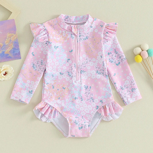 Baby 9M-5Y Toddler Infant Kid Girl Swimsuit Ruffle Floral Print Long Sleeves Zipper Swimwear Beachwear Bathing Suit