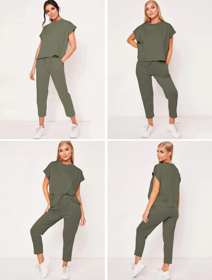 Short Sleeve Round Neck Top And Drawstring Cropped Pants Set