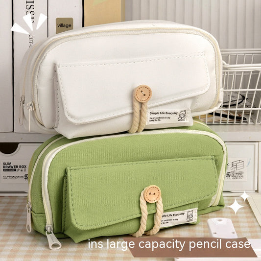 Button Pencil Case Girls Large Capacity Simple Student Creativity Canvas Stationery Bag