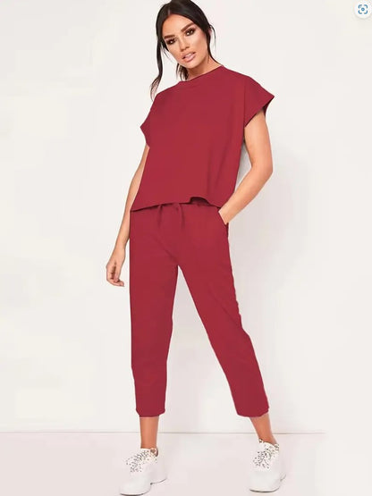 Short Sleeve Round Neck Top And Drawstring Cropped Pants Set