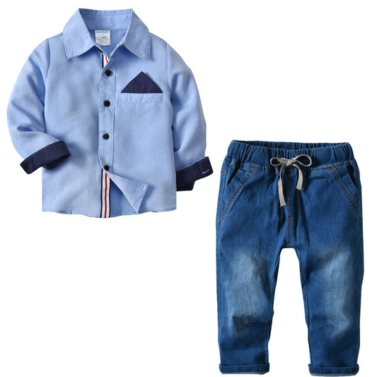 Two-piece boy's shirt and denim pants