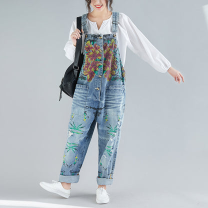 Women's Loose Plus Size Denim Light Color Hole Overalls