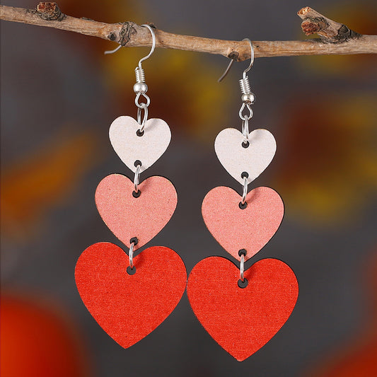 Valentine's Day Handmade Heart-shaped Gradient Color Love Heart Double-sided Wooden Earrings