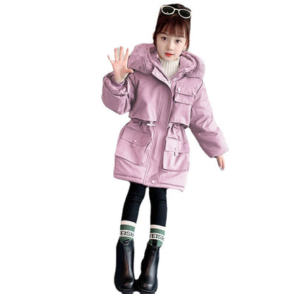 Girls' Fleece Lined Padded Warm Keeping Hooded Cotton-padded Coat