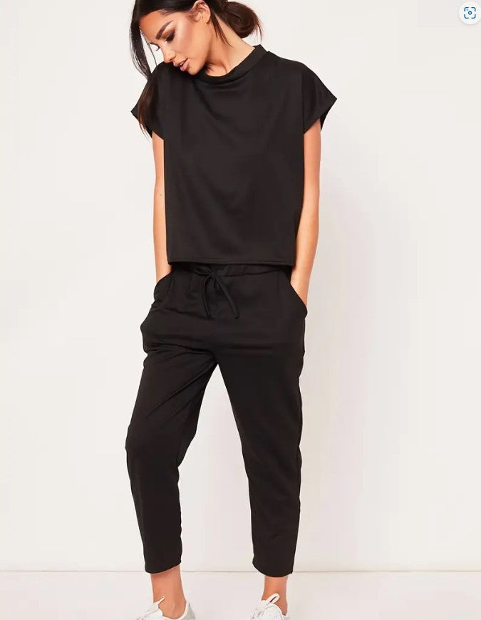 Short Sleeve Round Neck Top And Drawstring Cropped Pants Set