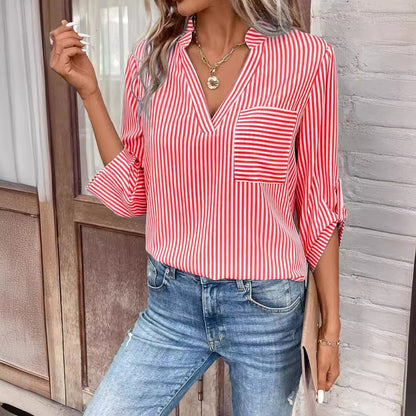 Women's V-neck Pullover Striped Printed Long Sleeves Casual Shirt