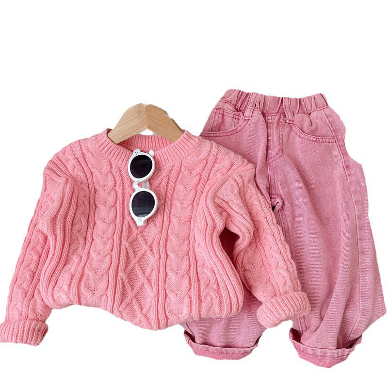 Girls' Suit Knitwear Sweater Pink Two-piece Pants