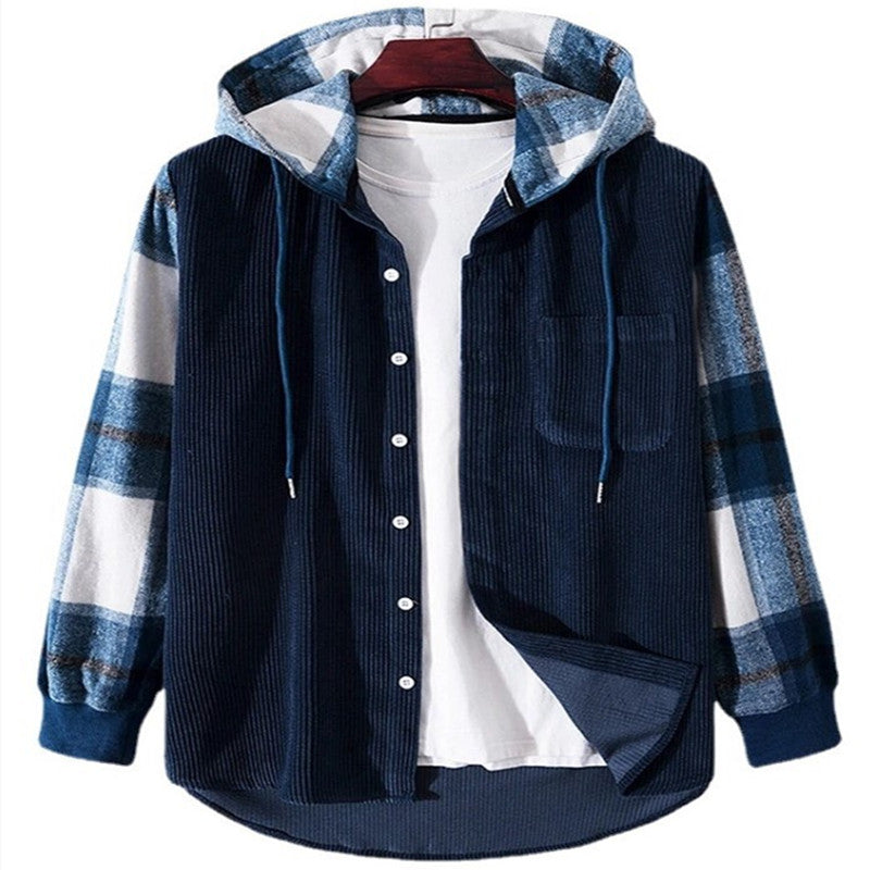 Corduroy Color Matching Long Sleeve Shirt Hooded Jacket Coat