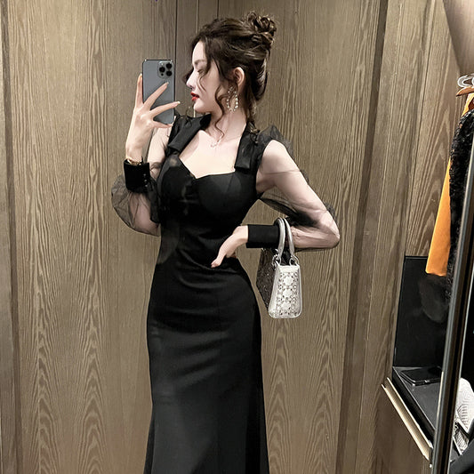 French Style Square Collar Long Dress For Women Hepburn Style Elegant Socialite Mesh Puff Sleeve Fishtail Dress