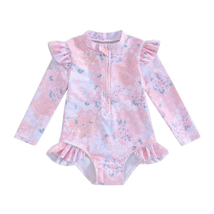 Baby 9M-5Y Toddler Infant Kid Girl Swimsuit Ruffle Floral Print Long Sleeves Zipper Swimwear Beachwear Bathing Suit