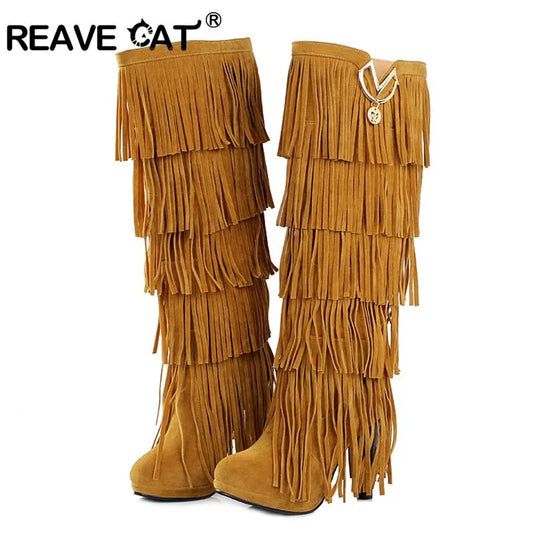 REAVE CAT Plus size 32-43 New Flock Winter Fur Women boots High heels Knee boots Fringe Tassels Fashion Black Brown Red ZL4150
