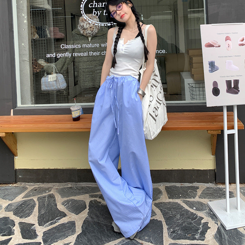 Blue Striped Casual Pants Women's Loose High Waist