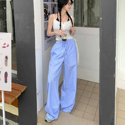 Blue Striped Casual Pants Women's Loose High Waist