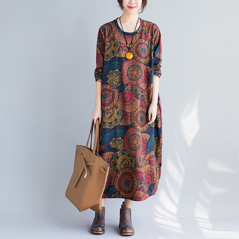 Artistic Retro Printing Loose Oversized Long Sleeves Dress