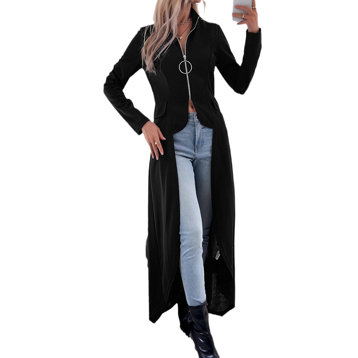 Women's Fashion Temperament Pure Color Long Sleeve Trench Coat