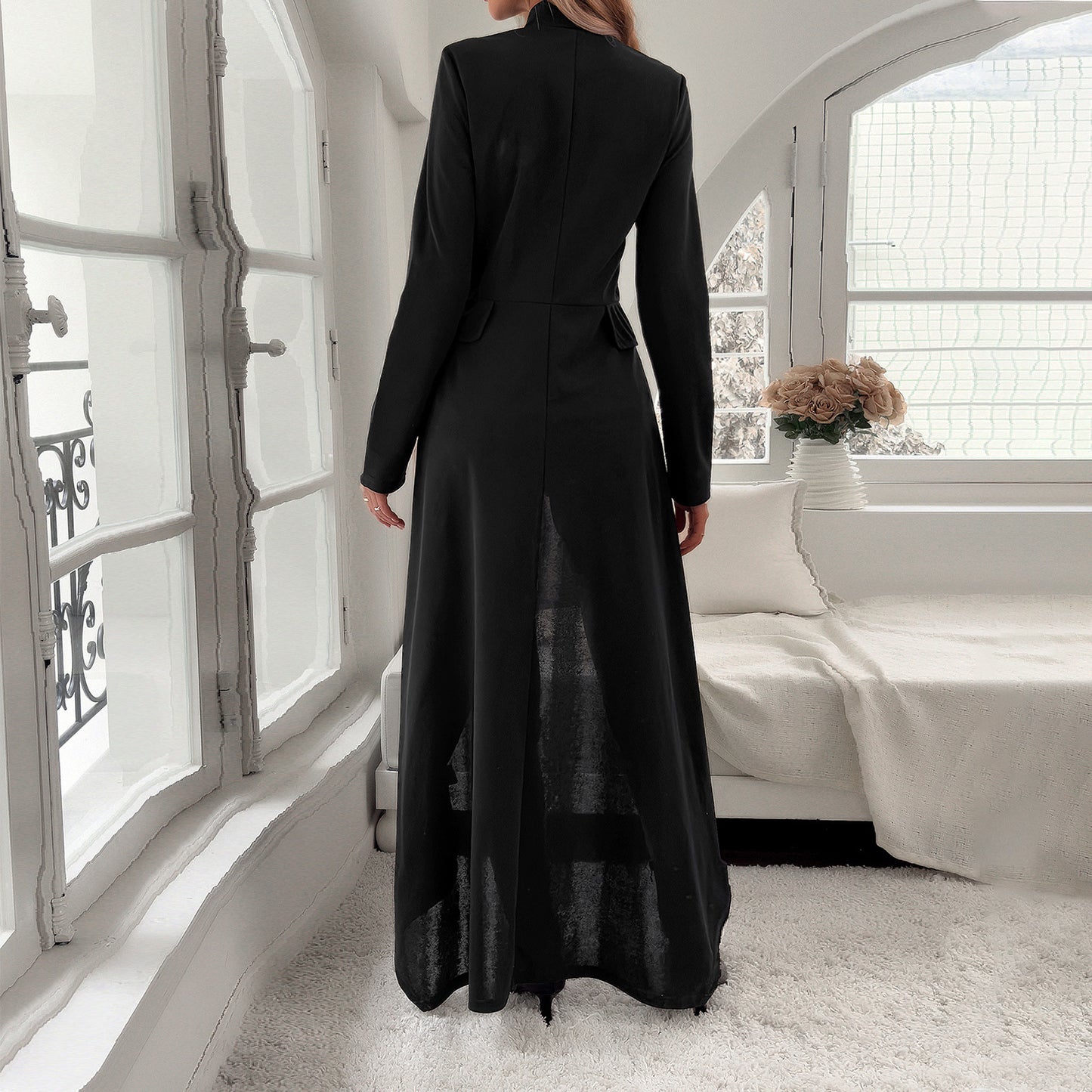 Women's Fashion Temperament Pure Color Long Sleeve Trench Coat