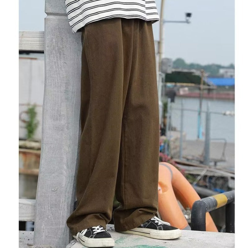 Japanese-style Retro Men's Brown Solid Color Casual Trousers