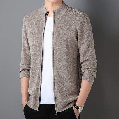 Casual Solid Color Stand Collar Zipper Knitted Cardigan