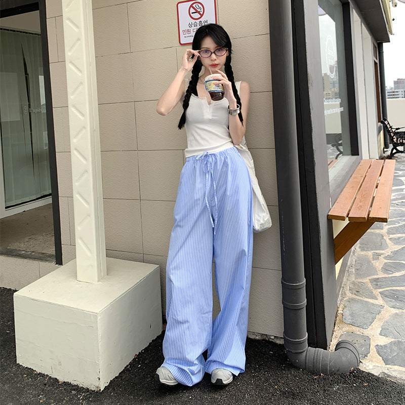 Blue Striped Casual Pants Women's Loose High Waist