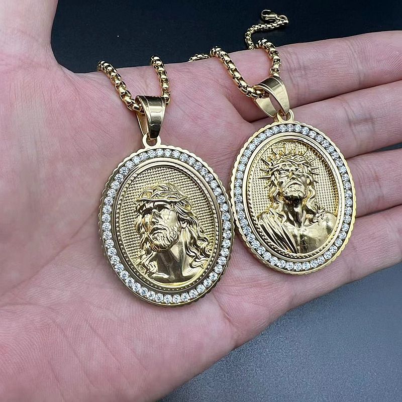 Stainless Steel Casting Vacuum Gold-plated Zircon Jesus Pendant Necklace