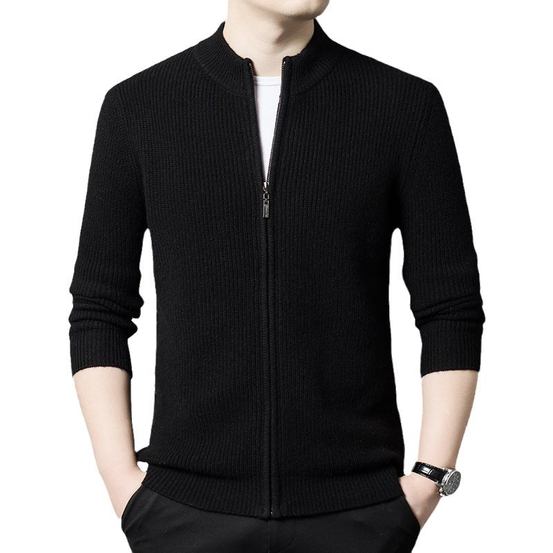 Casual Solid Color Stand Collar Zipper Knitted Cardigan
