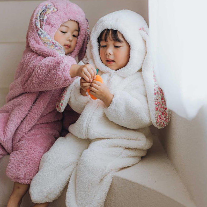 Infant Toddler Rabbit Ears Plush Jumpsuit Thick Warm Jacket Romper