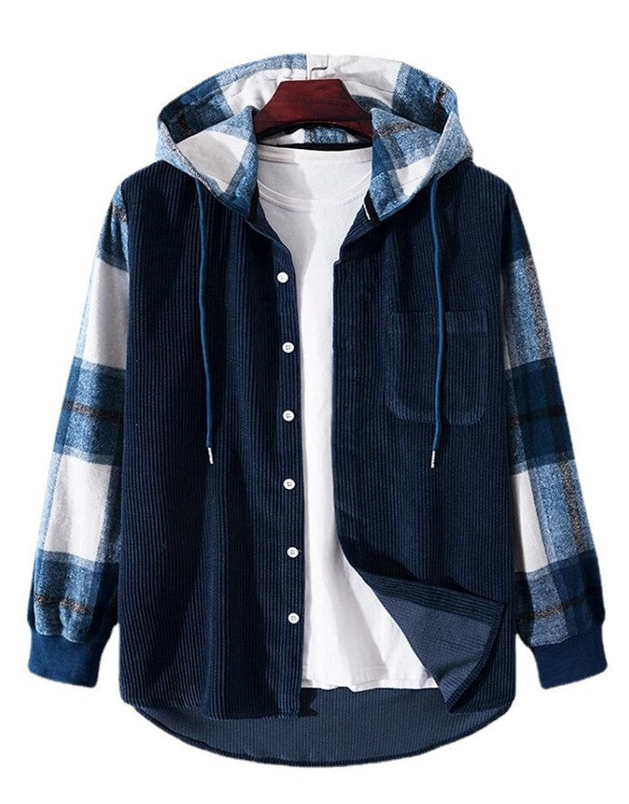 Corduroy Color Matching Long Sleeve Shirt Hooded Jacket Coat