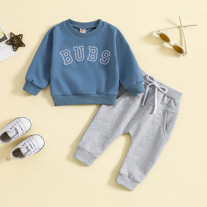 Children's Fashion Round Neck Alphabet Embroidery Long-sleeved Sweater Solid Color Trousers Suit