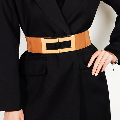 Women's Simple Temperament Elastic Wide Belt Metal Square Buckle Belt Suit Jacket Dress Multi-colored Casual Belt