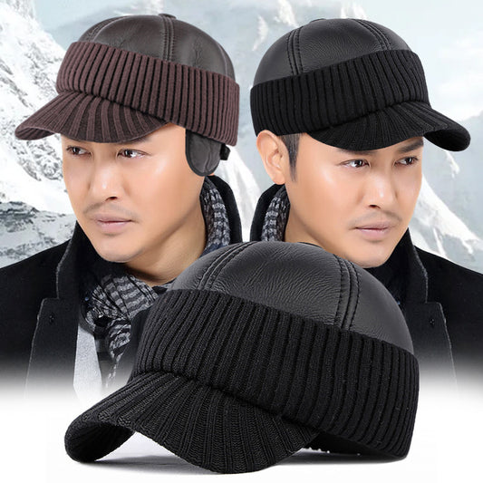 Men's Winter Leather Earflaps Warm PU Thickened Baseball Cap Hat