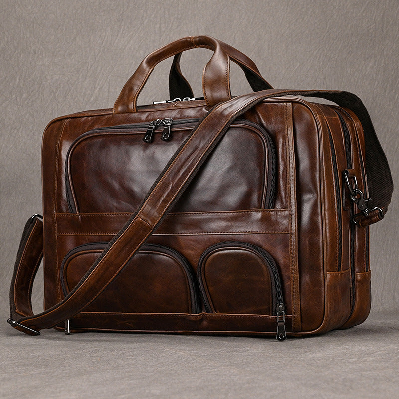Men's Leather Briefcase Three-compartment Large Capacity Business Handheld Cowhide 17-inch Commuter Computer Bag