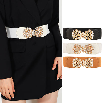 Elegant Ladies Elastic Wide Belt Pearl Metal Buckle Elastic Belt Suit Jacket Dress Multi-colored Belt