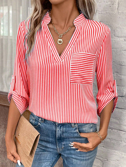 Women's V-neck Pullover Striped Printed Long Sleeves Casual Shirt